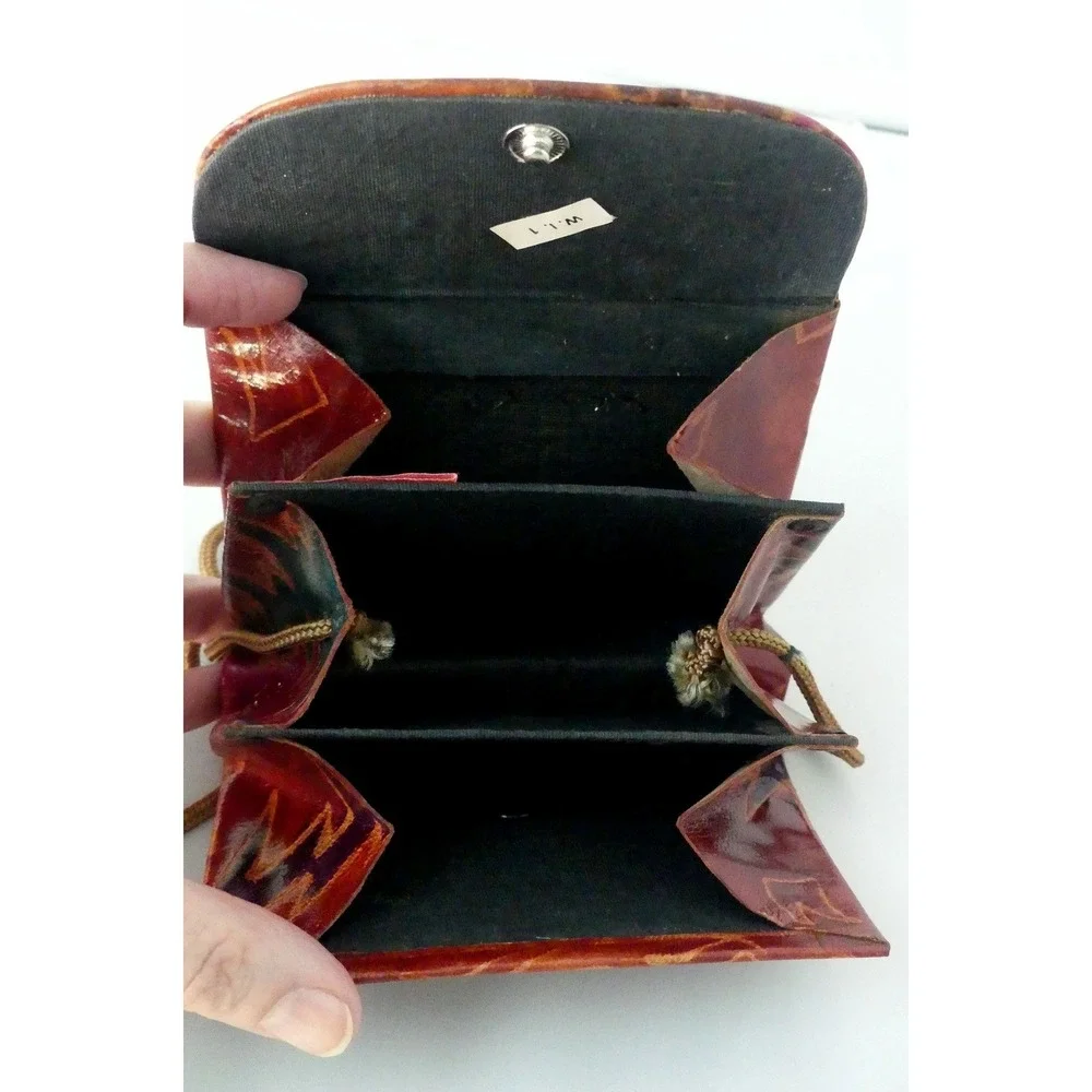 Hand Tooled Leather Elephant Crossbody Mini Bag Wallet Folk Art Multi Color Vtg